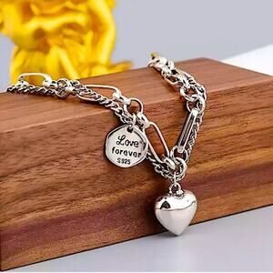 Sterling Silver Heart Charm Chain Link Bracelet